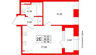 Квартира в ЖК «Аристократ», 1 комнатная, 36.05 м², 3 этаж