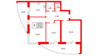 Квартира в ЖК «Ванино», 3 комнатная, 83.2 м², 3 этаж