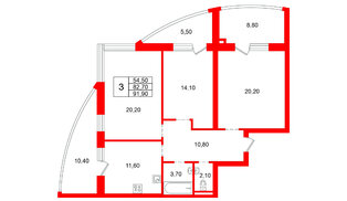 Квартира в ЖК «Ванино», 3 комнатная, 82.7 м², 3 этаж