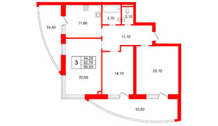 Квартира в ЖК «Ванино», 3 комнатная, 82.7 м², 4 этаж