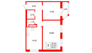 Квартира в ЖК Аннинский парк, 2 комнатная, 61.3 м², 7 этаж