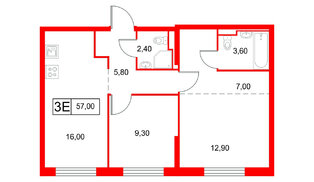 Квартира в ЖК Янинский Лес, 2 комнатная, 57 м², 1 этаж