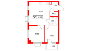 Квартира в ЖК Янинский Лес, 2 комнатная, 51.4 м², 7 этаж