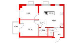 Квартира в ЖК Янинский Лес, 2 комнатная, 51.7 м², 10 этаж