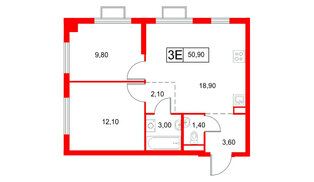 Квартира в ЖК Янинский Лес, 2 комнатная, 50.9 м², 15 этаж