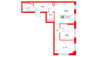 Квартира в ЖК Янинский Лес, 2 комнатная, 52.9 м², 1 этаж