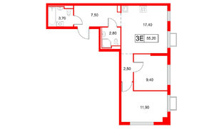 Квартира в ЖК Янинский Лес, 2 комнатная, 55.2 м², 12 этаж