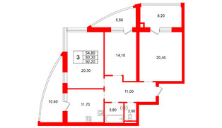 Квартира в ЖК «Ванино», 3 комнатная, 83.3 м², 2 этаж