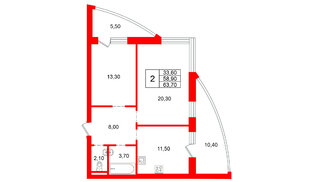 Квартира в ЖК «Ванино», 2 комнатная, 58.9 м², 3 этаж