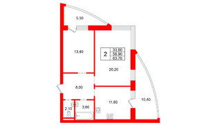 Квартира в ЖК «Ванино», 2 комнатная, 58.9 м², 4 этаж
