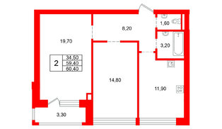 Квартира в ЖК «Ванино», 2 комнатная, 59.4 м², 4 этаж