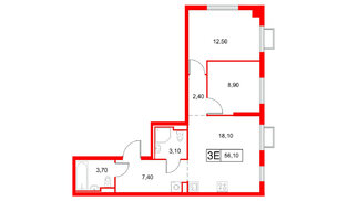 Квартира в ЖК Янинский Лес, 2 комнатная, 56.1 м², 3 этаж