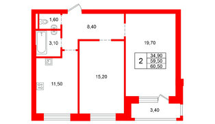 Квартира в ЖК «Ванино», 2 комнатная, 59.5 м², 2 этаж