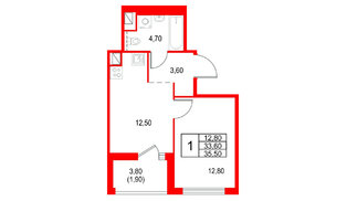Квартира в ЖК Янила Форест, 1 комнатная, 35.5 м², 9 этаж