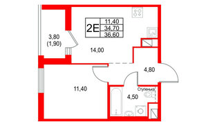 Квартира в ЖК Янила Форест, 1 комнатная, 36.6 м², 2 этаж