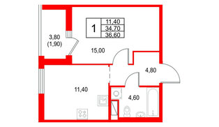 Квартира в ЖК Янила Форест, 1 комнатная, 36.6 м², 4 этаж