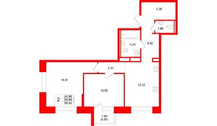 Квартира в ЖК «Кольский», 2 комнатная, 56.43 м², 13 этаж