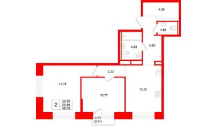 Квартира в ЖК «Кольский», 2 комнатная, 56.09 м², 15 этаж