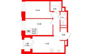 Квартира в ЖК «Кольский», 2 комнатная, 44.61 м², 11 этаж