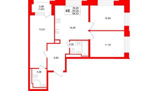 Квартира в ЖК «Кольский», 3 комнатная, 64.43 м², 13 этаж