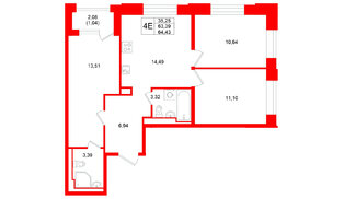 Квартира в ЖК «Кольский», 3 комнатная, 64.43 м², 15 этаж