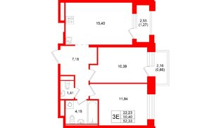 Квартира в ЖК «Кольский», 2 комнатная, 52.33 м², 13 этаж