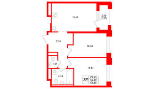 Квартира в ЖК «Кольский», 2 комнатная, 51.68 м², 15 этаж