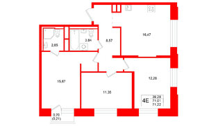 Квартира в ЖК «Кольский», 3 комнатная, 71.22 м², 15 этаж