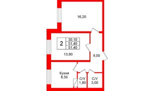 Квартира в ЖК «Рябиновый сад», 2 комнатная, 51.4 м², 1 этаж