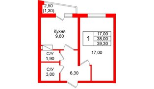 Квартира в ЖК «Рябиновый сад», 1 комнатная, 38 м², 2 этаж