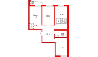 Квартира в ЖК «Рябиновый сад», 3 комнатная, 83.4 м², 8 этаж