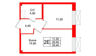 Квартира в ЖК «Парусная 1», 1 комнатная, 35.4 м², 2 этаж