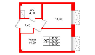 Квартира в ЖК «Парусная 1», 1 комнатная, 34.9 м², 3 этаж