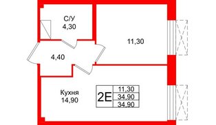 Квартира в ЖК «Парусная 1», 1 комнатная, 34.9 м², 5 этаж