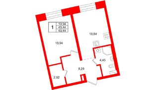 Квартира в ЖК «Бульвар Грина», 1 комнатная, 43.44 м², 4 этаж