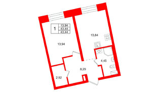Квартира в ЖК «Бульвар Грина», 1 комнатная, 43.44 м², 6 этаж