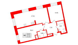 Квартира в ЖК «Бульвар Грина», 2 комнатная, 71.77 м², 15 этаж