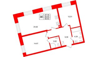 Квартира в ЖК «Бульвар Грина», 2 комнатная, 69.4 м², 9 этаж