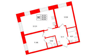 Квартира в ЖК «Бульвар Грина», 2 комнатная, 63.09 м², 11 этаж