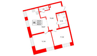 Квартира в ЖК «Бульвар Грина», 2 комнатная, 60.53 м², 7 этаж