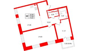 Квартира в ЖК «Бульвар Грина», 2 комнатная, 73.97 м², 9 этаж