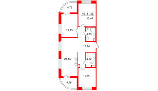 Квартира в ЖК «Ультра Сити 3.0», 3 комнатная, 81.43 м², 2 этаж