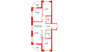 Квартира в ЖК «Ультра Сити 3.0», 3 комнатная, 80.35 м², 13 этаж