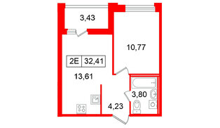 Квартира в ЖК Ultra City 3.0, 1 комнатная, 32.41 м², 14 этаж