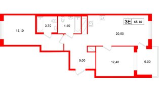 Квартира в ЖК «Передвижники», 2 комнатная, 65.1 м², 9 этаж
