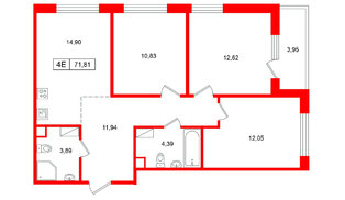 Квартира в ЖК «Расцветай в Янино», 3 комнатная, 71.81 м², 2 этаж
