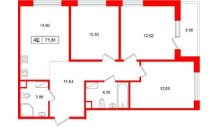 Квартира в ЖК «Расцветай в Янино», 3 комнатная, 71.81 м², 7 этаж
