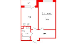 Квартира в ЖК «Расцветай в Янино», 1 комнатная, 40.93 м², 5 этаж