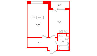 Квартира в ЖК «Расцветай в Янино», 1 комнатная, 40.92 м², 5 этаж