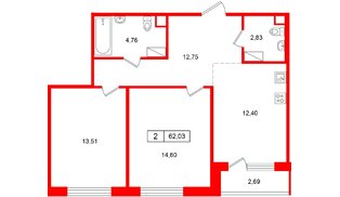 Квартира в ЖК «Расцветай в Янино», 2 комнатная, 62.19 м², 7 этаж